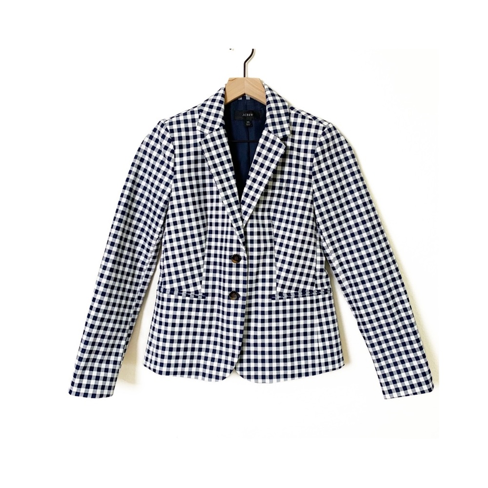 J CREW M2373 Gingham Blue White Blazer Jacket Checkered Double Button XS - Picture 2 of 8